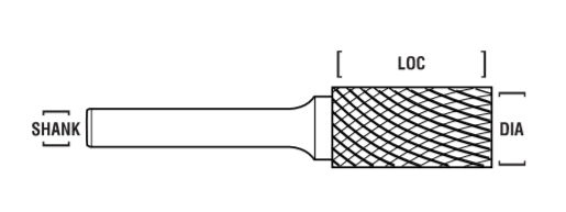 3/16" SB Shape Carbide Burr. Single Cut Cylinder with End Cut. LOC 5/8" Shank OD 1/4" OAL 2" - Uncoated