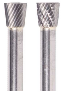  3/4" SN Shape Carbide Burr. Single Cut Inverted Cone Shape, 30 Degree Included. LOC 5/8" Shank OD 1/4" OAL 2-1/2" - Uncoated